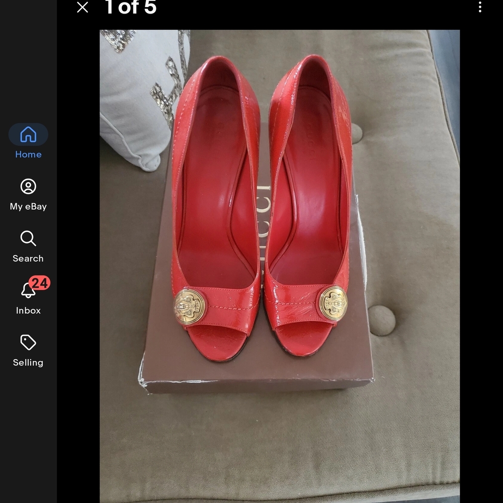 Gucci Red Peep Toe Heels with Gold Accent